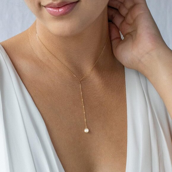 Women 14k Gold Plated Heart Pearl Y Pendant Necklace Simple Gold Drop - Picture 4 of 7